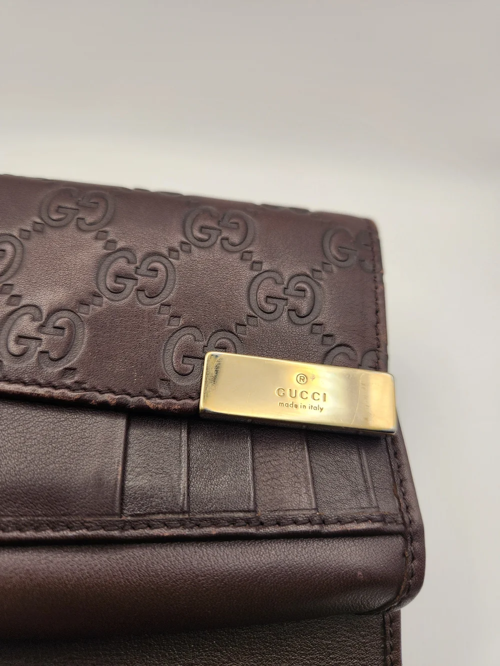 Vintage Gucci Guccissima Brown Leather Metal Bar Wallet
